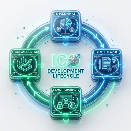 Professional 3D Infographic of the ICO Development Lifecycle